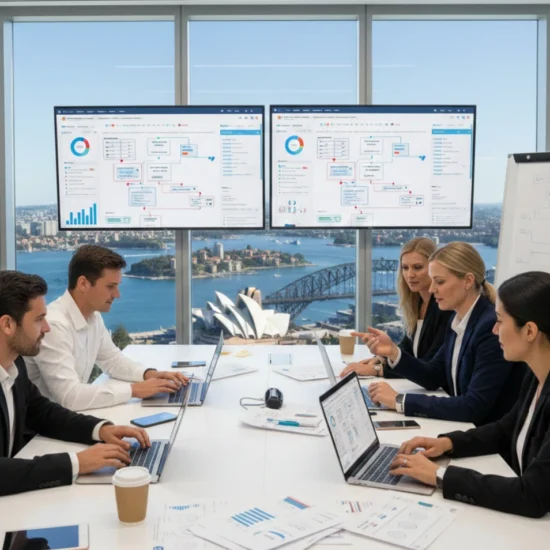 High-resolution image of an Australian business team using a marketing automation platform on laptops and tablets, analyzing data and planning campaigns