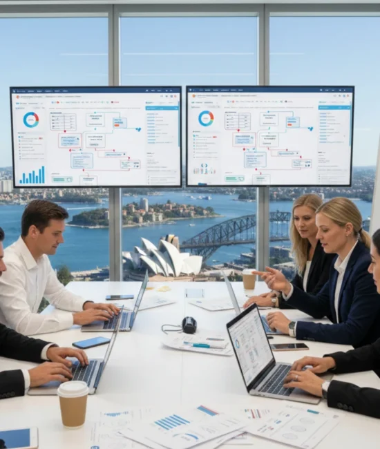 High-resolution image of an Australian business team using a marketing automation platform on laptops and tablets, analyzing data and planning campaigns