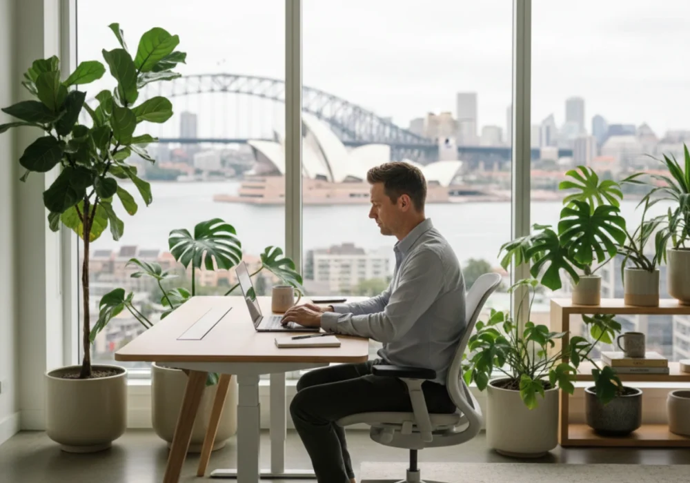 Australian professional working from a bright home office with laptop, plants, and ergonomic desk, representing the remote work lifestyle in Australia in 2026