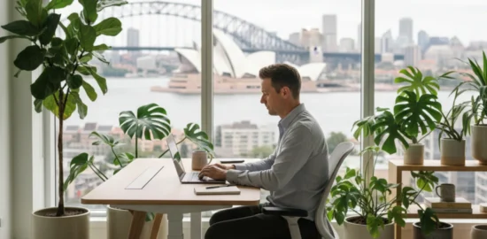 Australian professional working from a bright home office with laptop, plants, and ergonomic desk, representing the remote work lifestyle in Australia in 2026