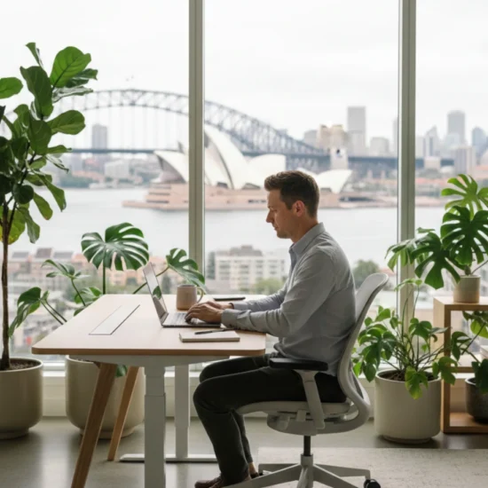 Australian professional working from a bright home office with laptop, plants, and ergonomic desk, representing the remote work lifestyle in Australia in 2026
