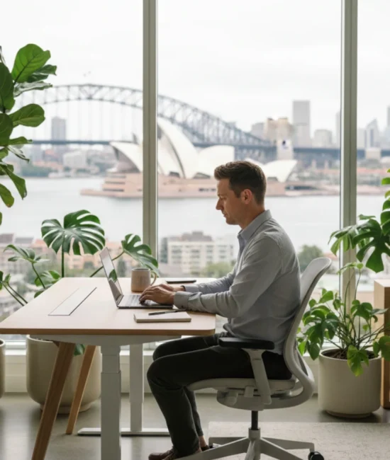 Australian professional working from a bright home office with laptop, plants, and ergonomic desk, representing the remote work lifestyle in Australia in 2026