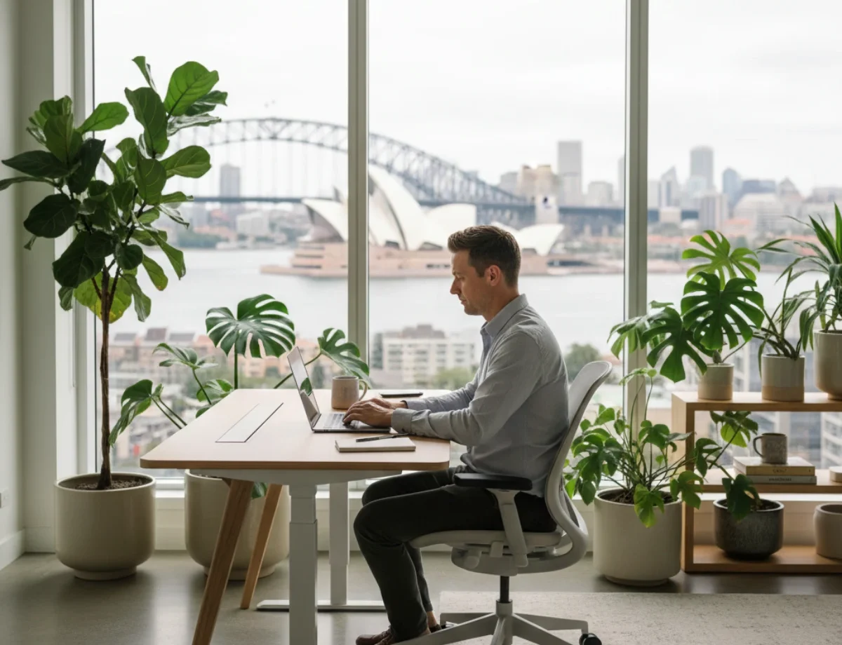 Australian professional working from a bright home office with laptop, plants, and ergonomic desk, representing the remote work lifestyle in Australia in 2026