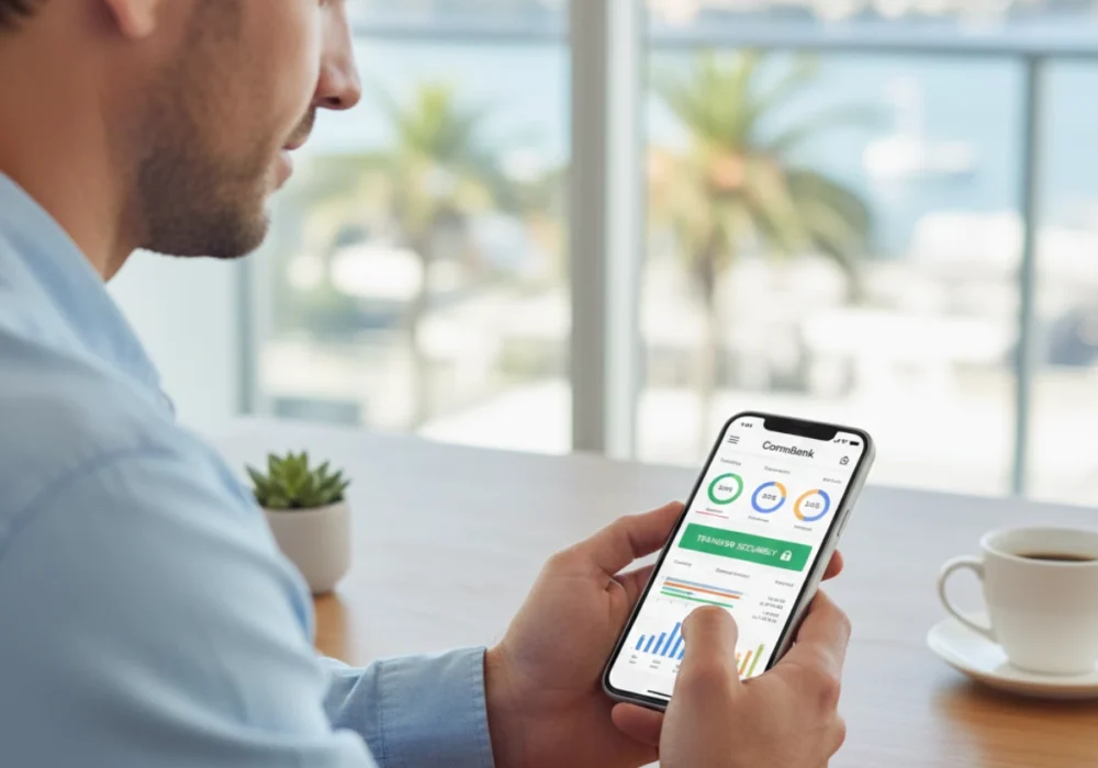 Australian person using a digital banking app on a smartphone to manage finances securely and efficiently