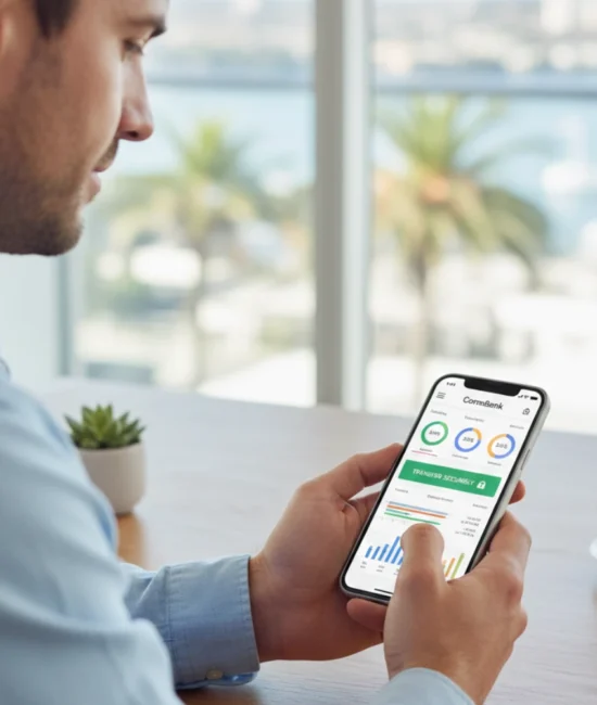 Australian person using a digital banking app on a smartphone to manage finances securely and efficiently