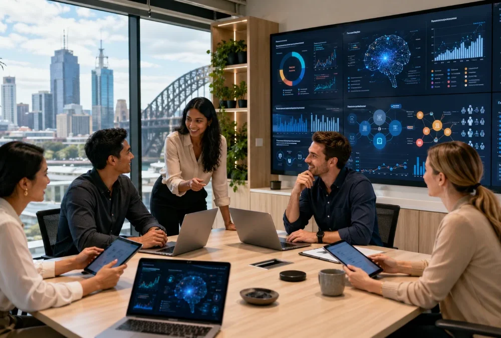 Australian marketing team using AI tools on laptops and digital dashboards to plan smarter campaigns and improve business productivity
