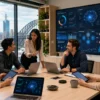 Australian marketing team using AI tools on laptops and digital dashboards to plan smarter campaigns and improve business productivity