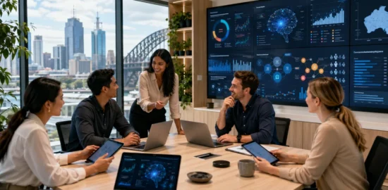 Australian marketing team using AI tools on laptops and digital dashboards to plan smarter campaigns and improve business productivity