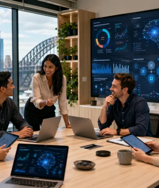 Australian marketing team using AI tools on laptops and digital dashboards to plan smarter campaigns and improve business productivity