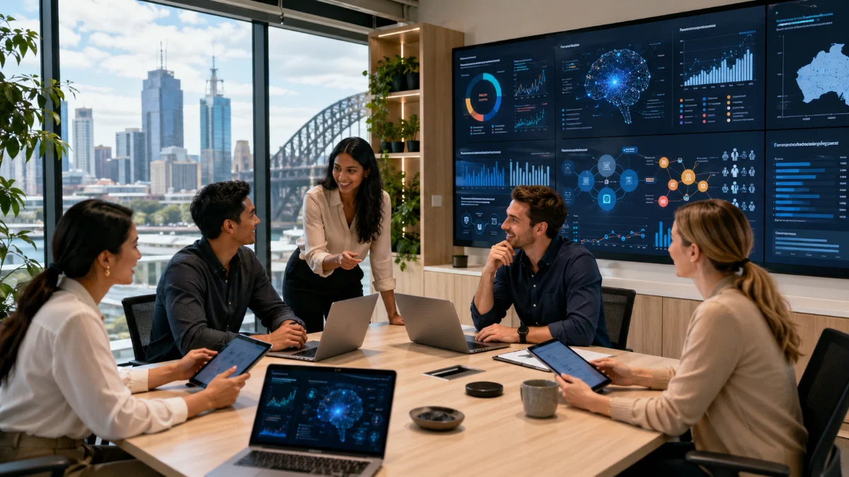 Australian marketing team using AI tools on laptops and digital dashboards to plan smarter campaigns and improve business productivity