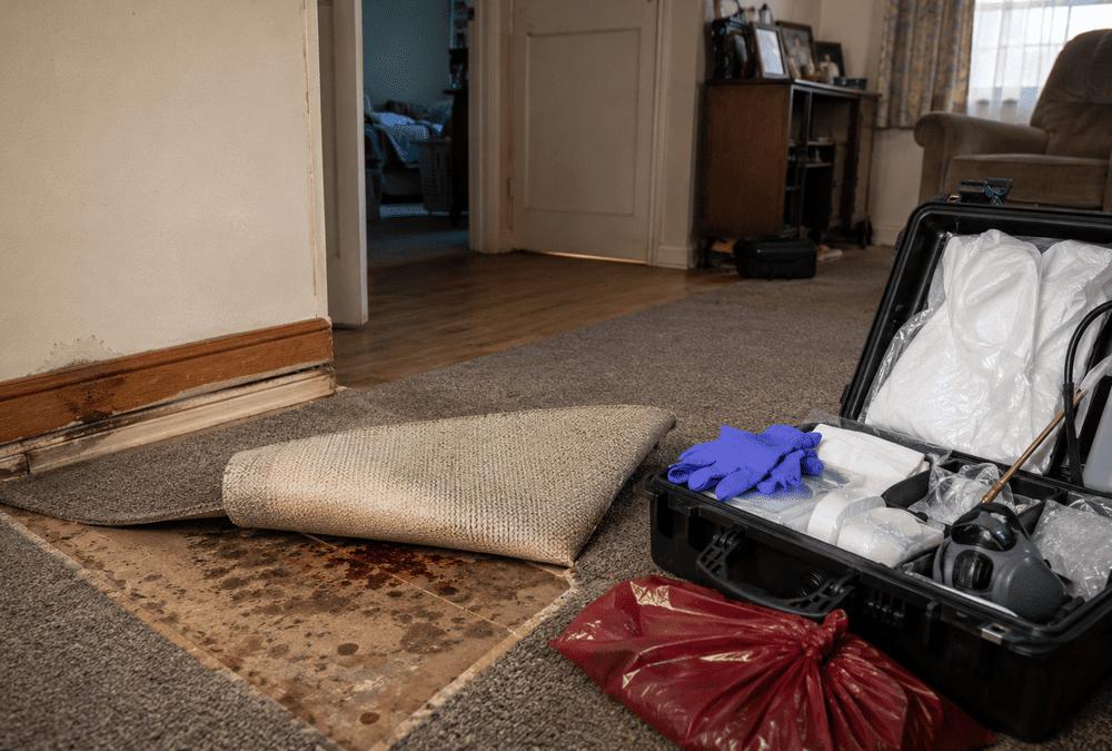 Lifted carpet revealing contamination beside professional forensic cleaning equipment in an Australian home.