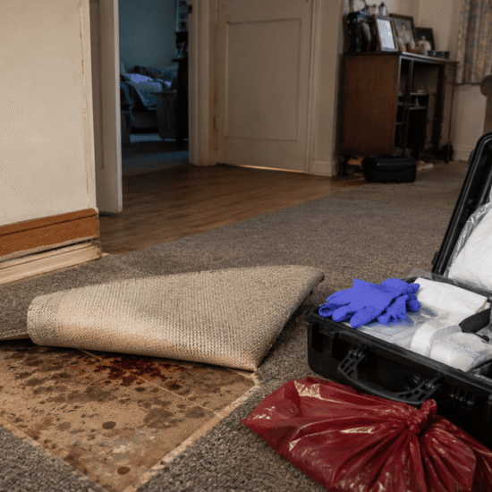 Lifted carpet revealing contamination beside professional forensic cleaning equipment in an Australian home.