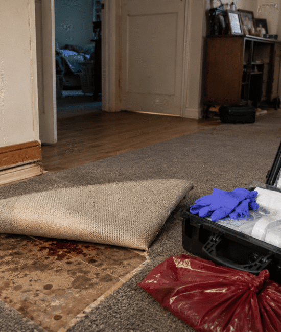 Lifted carpet revealing contamination beside professional forensic cleaning equipment in an Australian home.