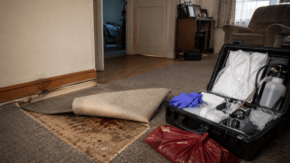 Lifted carpet revealing contamination beside professional forensic cleaning equipment in an Australian home.