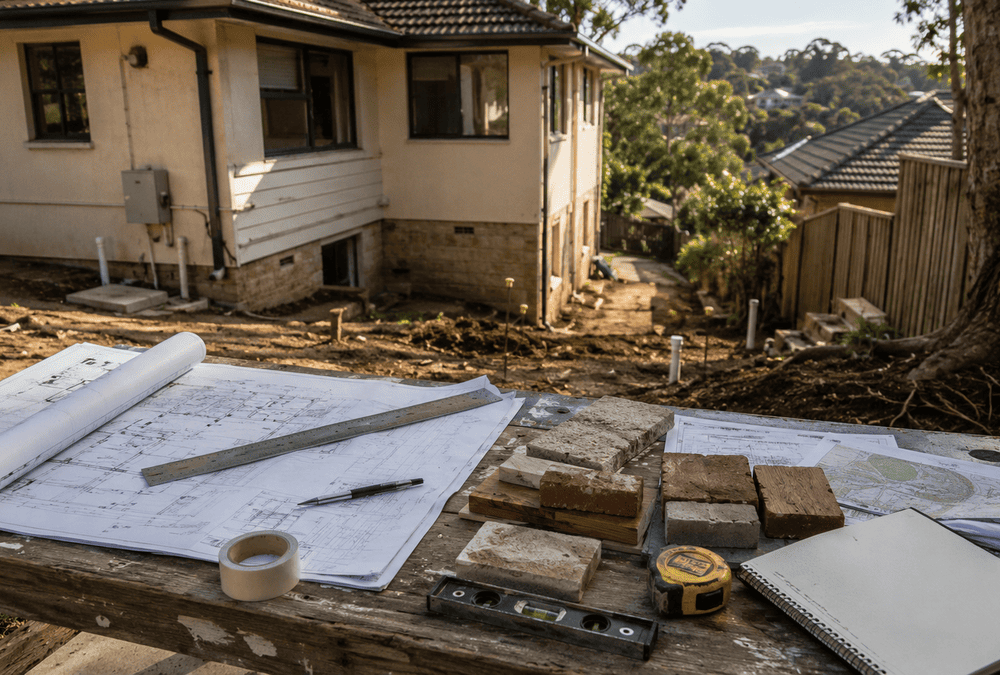 Architectural plans, tools and material samples on a weathered workbench overlooking an Australian suburban renovation site.