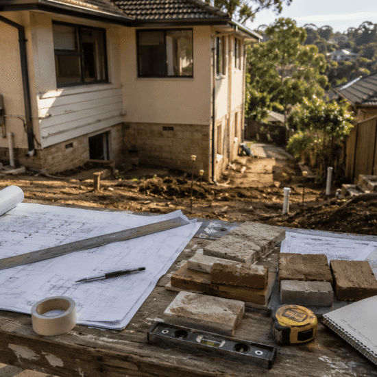 Architectural plans, tools and material samples on a weathered workbench overlooking an Australian suburban renovation site.