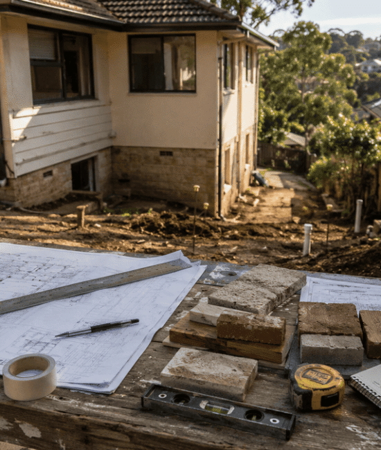 Architectural plans, tools and material samples on a weathered workbench overlooking an Australian suburban renovation site.