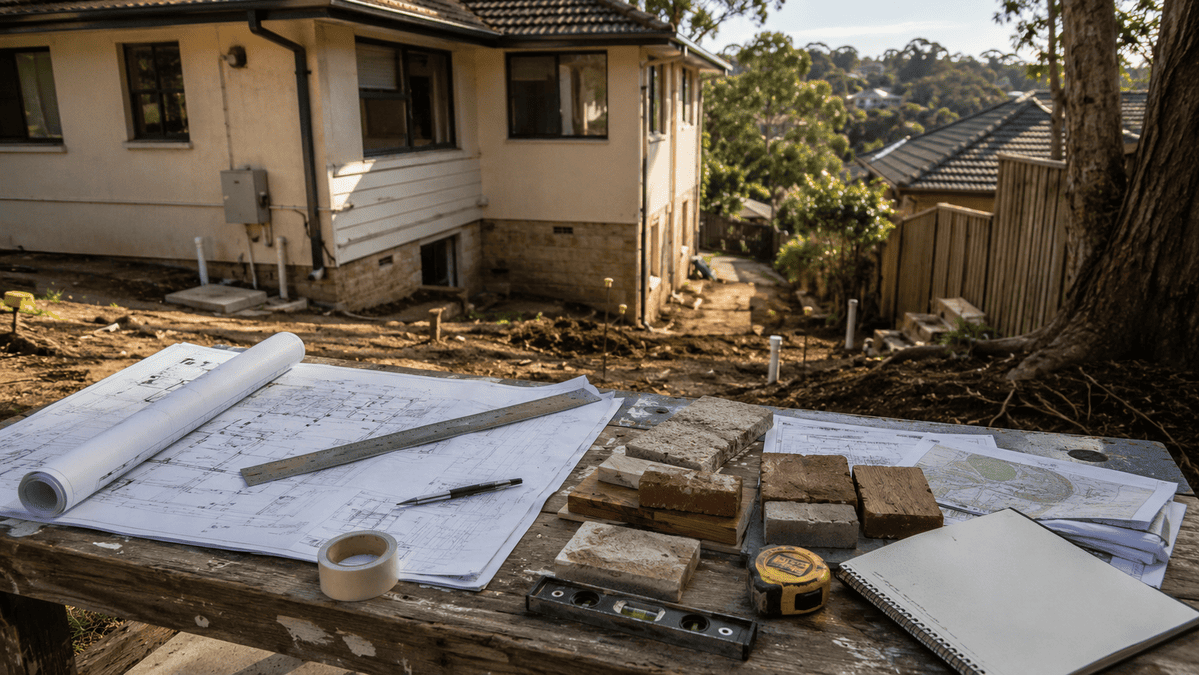 Architectural plans, tools and material samples on a weathered workbench overlooking an Australian suburban renovation site.