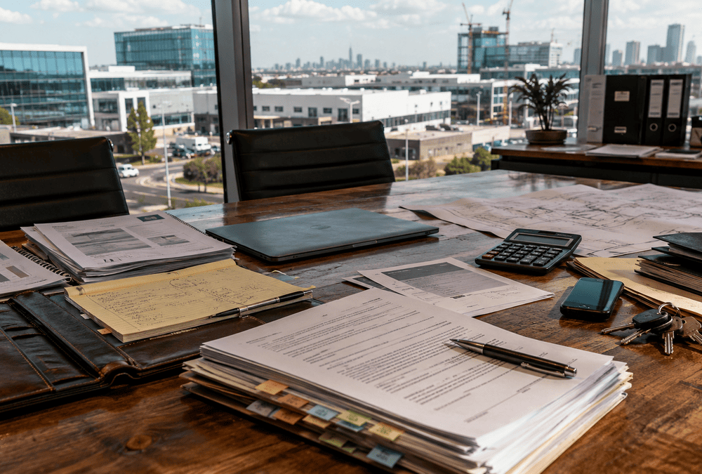 Australian business meeting room with contracts, legal documents, laptop and expansion plans on a boardroom table.