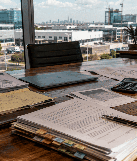 Australian business meeting room with contracts, legal documents, laptop and expansion plans on a boardroom table.