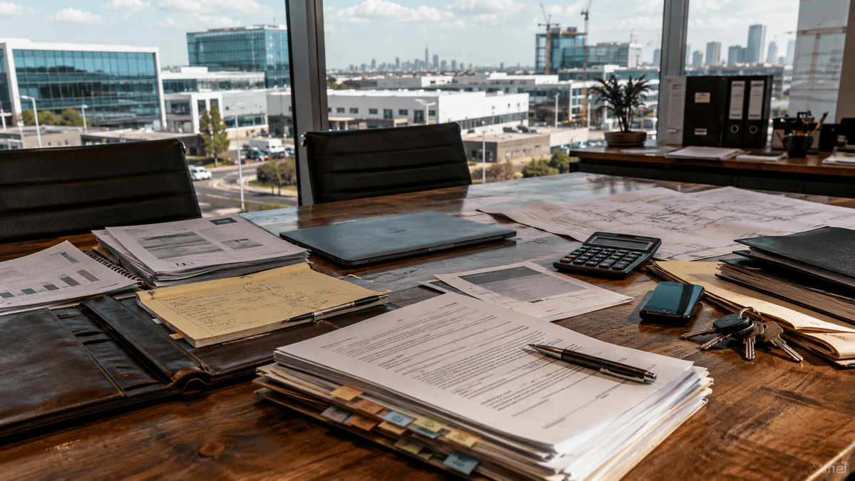 Australian business meeting room with contracts, legal documents, laptop and expansion plans on a boardroom table.