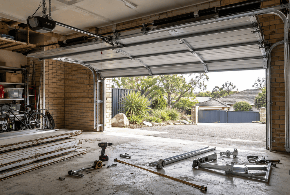 Australian residential garage with a sectional door, installation tracks, tools and hardware on the concrete floor.