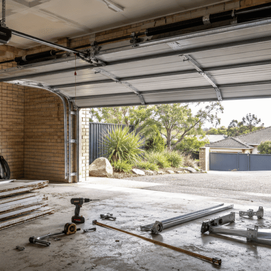 Australian residential garage with a sectional door, installation tracks, tools and hardware on the concrete floor.