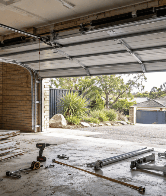 Australian residential garage with a sectional door, installation tracks, tools and hardware on the concrete floor.