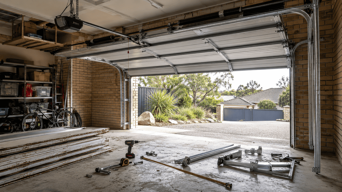 Australian residential garage with a sectional door, installation tracks, tools and hardware on the concrete floor.
