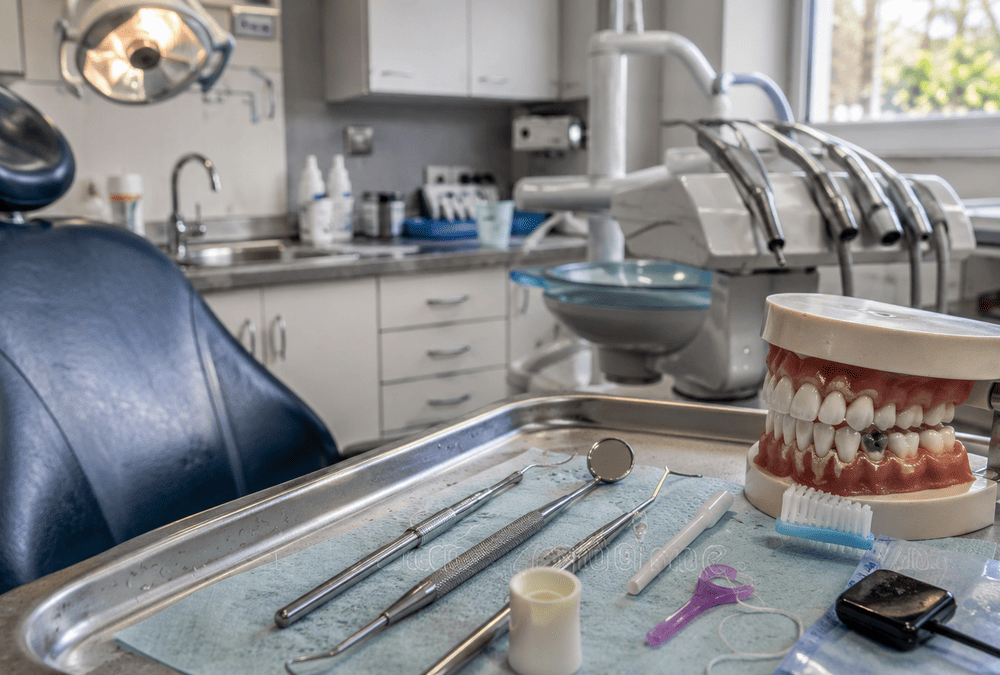 Realistic dental clinic with examination chair, dental tools and tooth model showing routine preventive care.