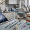 Realistic dental clinic with examination chair, dental tools and tooth model showing routine preventive care.