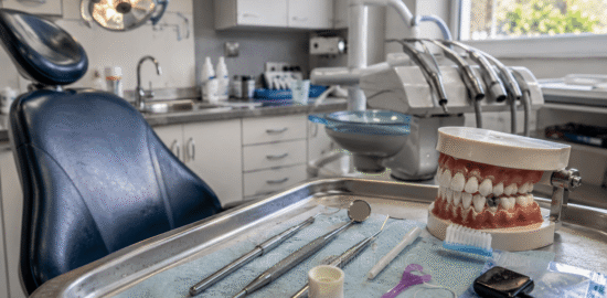 Realistic dental clinic with examination chair, dental tools and tooth model showing routine preventive care.