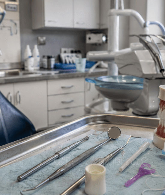 Realistic dental clinic with examination chair, dental tools and tooth model showing routine preventive care.