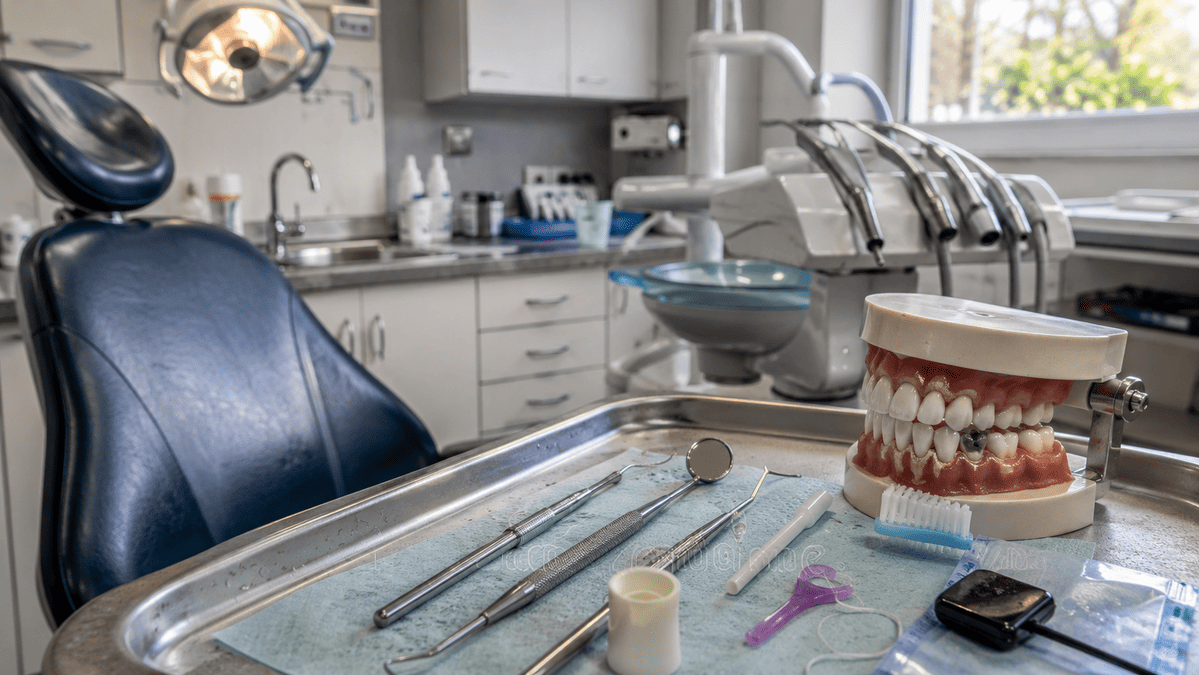 Realistic dental clinic with examination chair, dental tools and tooth model showing routine preventive care.