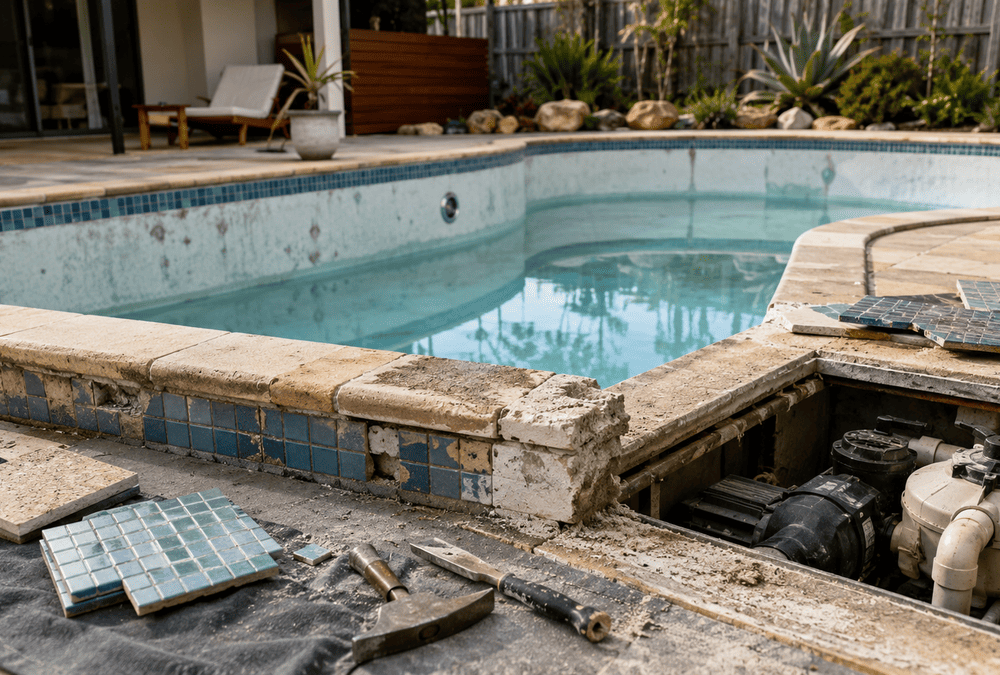 Australian backyard pool undergoing renovation with worn tiles, coping, tools and exposed pool equipment.