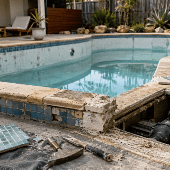Australian backyard pool undergoing renovation with worn tiles, coping, tools and exposed pool equipment.