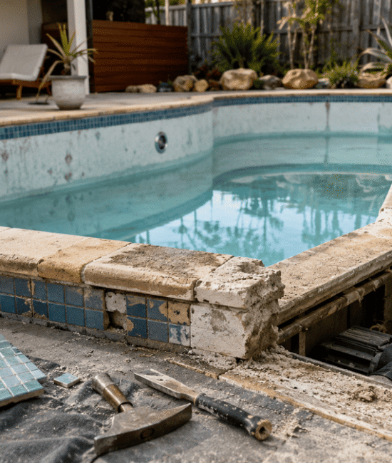 Australian backyard pool undergoing renovation with worn tiles, coping, tools and exposed pool equipment.