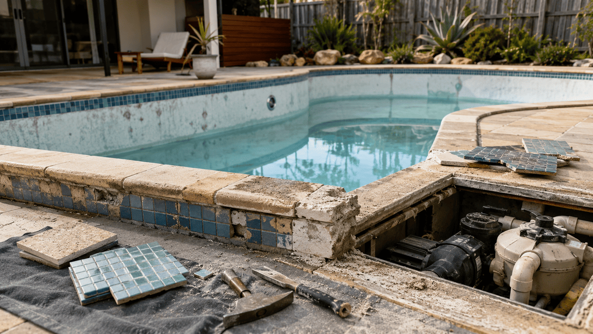 Australian backyard pool undergoing renovation with worn tiles, coping, tools and exposed pool equipment.