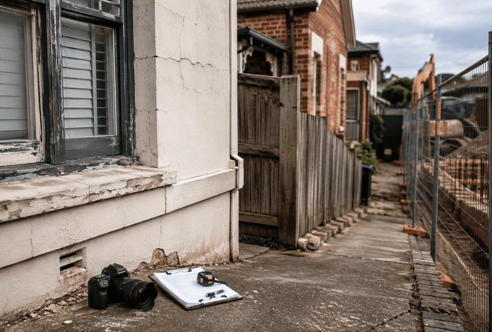 Weathered Australian home beside a construction site, showing wall cracks, worn paving and inspection equipment.