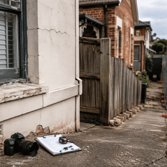 Weathered Australian home beside a construction site, showing wall cracks, worn paving and inspection equipment.