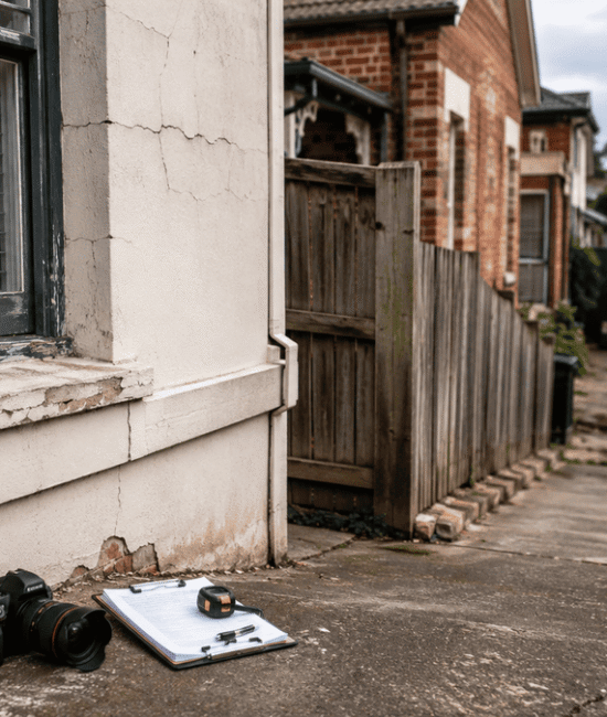 Weathered Australian home beside a construction site, showing wall cracks, worn paving and inspection equipment.