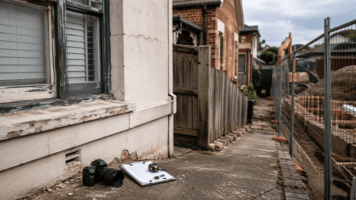 Weathered Australian home beside a construction site, showing wall cracks, worn paving and inspection equipment.