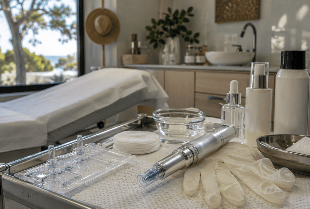 Microneedling device and sterile skincare tools in a sunlit Australian skin clinic.
