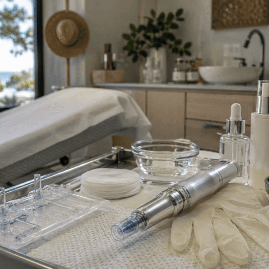 Microneedling device and sterile skincare tools in a sunlit Australian skin clinic.