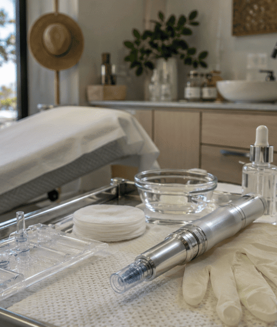 Microneedling device and sterile skincare tools in a sunlit Australian skin clinic.