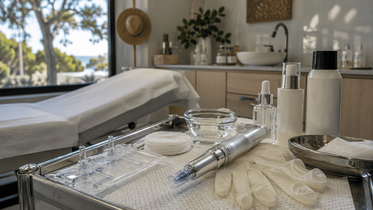 Microneedling device and sterile skincare tools in a sunlit Australian skin clinic.