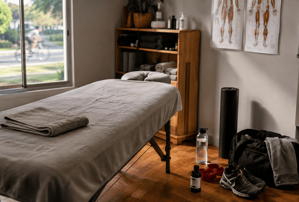 Sports massage recovery room in Australia with treatment table, running shoes and recovery equipment.