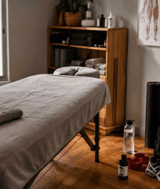 Sports massage recovery room in Australia with treatment table, running shoes and recovery equipment.
