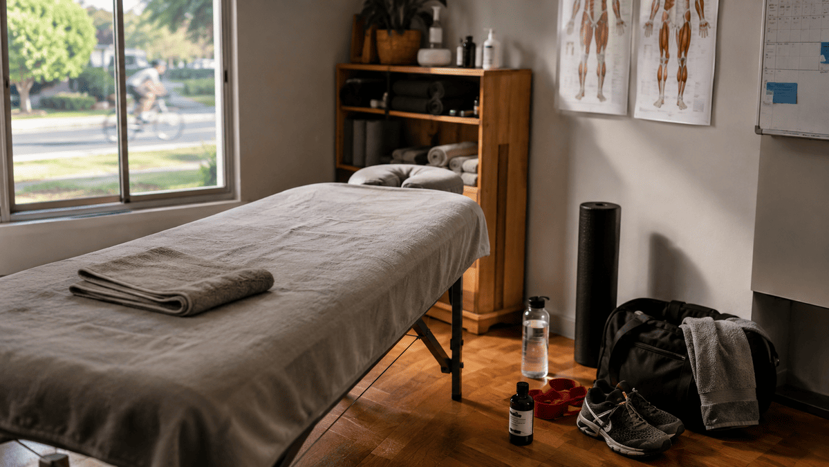 Sports massage recovery room in Australia with treatment table, running shoes and recovery equipment.