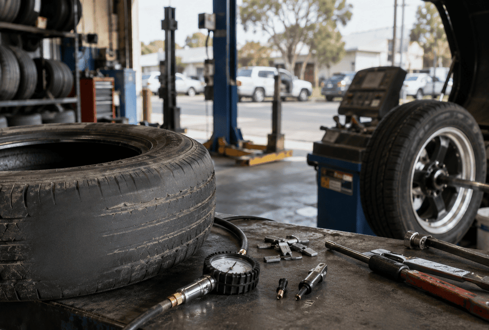 Worn tyre and inspection tools inside a realistic Australian tyre workshop.